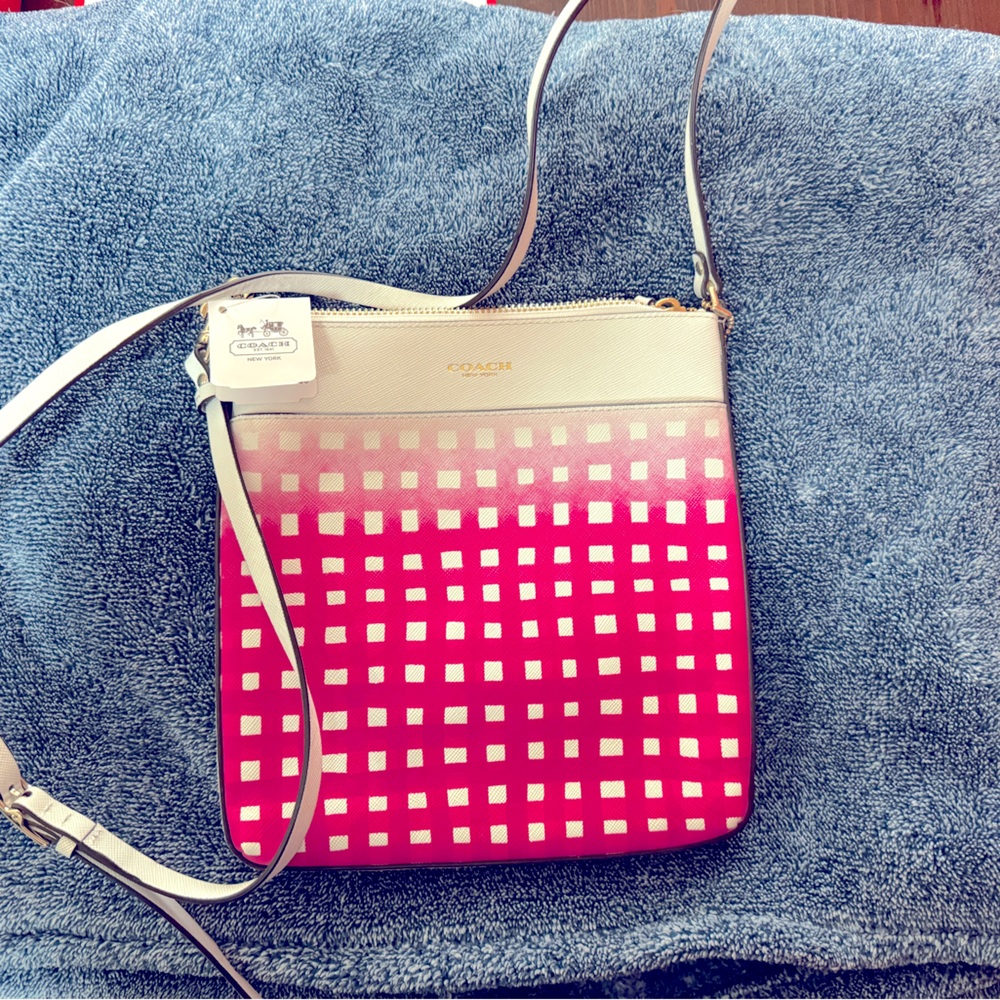 Coach Saffiano Leather Pink White Ombre Gingham N/S Crossbody Bag Swing Pack